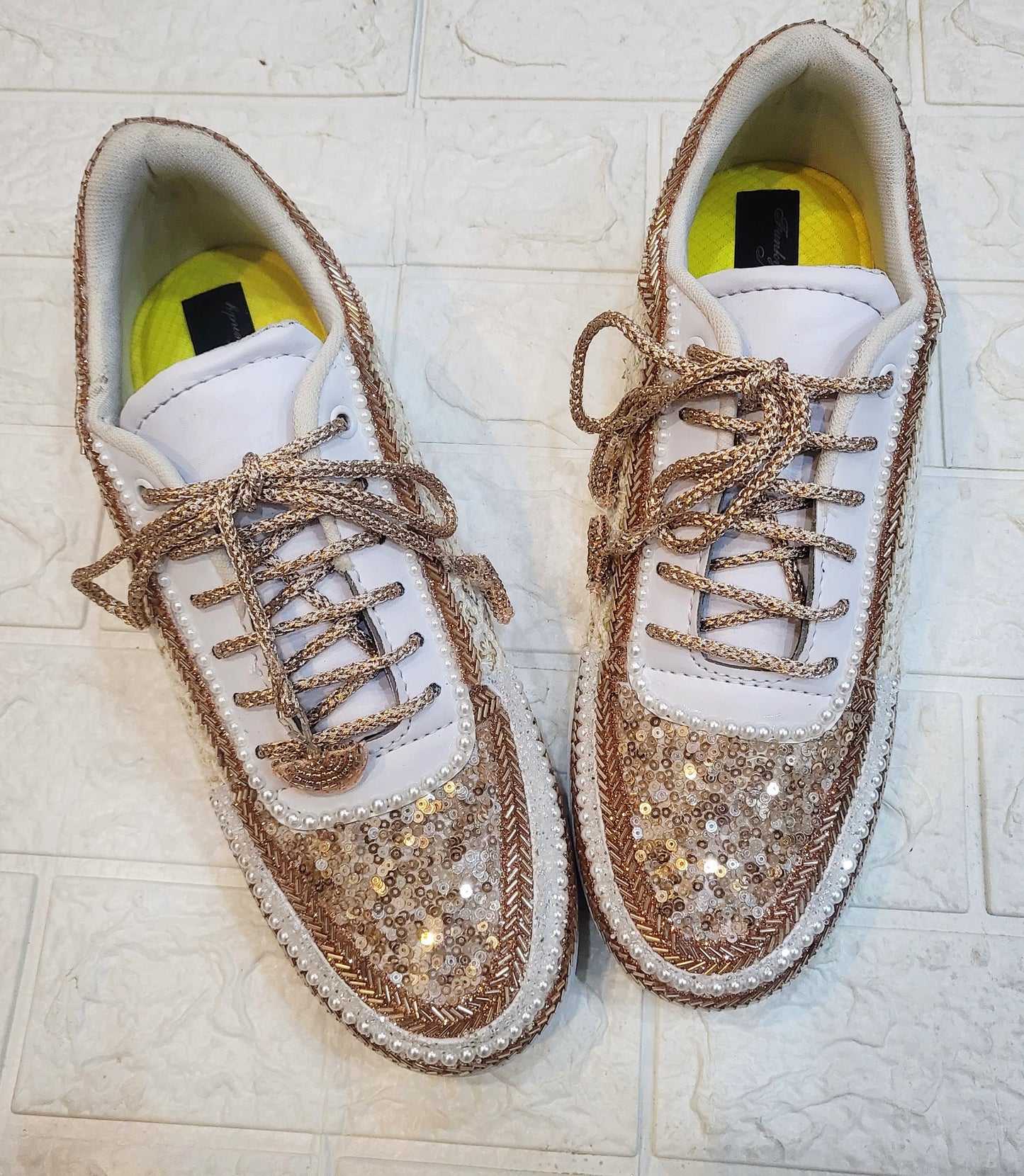 FUNKY N TRENDY tan peach with ivory color hand work sneakers for brides / bridesmaids/ rose gold sneakers / rose gold shoes
