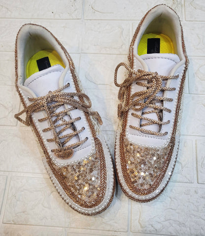 FUNKY N TRENDY tan peach with ivory color hand work sneakers for brides / bridesmaids/ rose gold sneakers / rose gold shoes