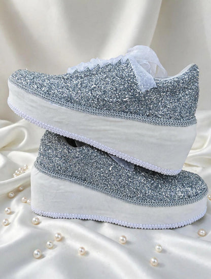 Silver Glitter Platform Bridal Sneakers – Handmade Luxury Wedding Shoes for Brides