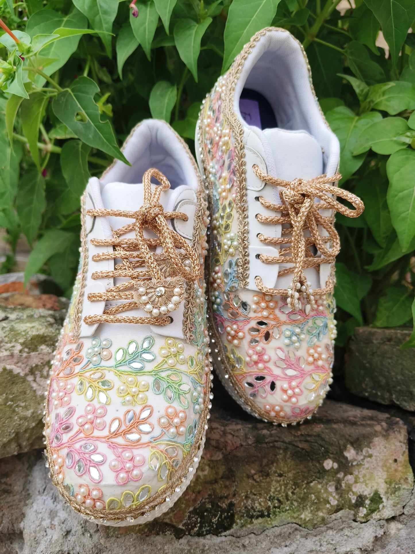 “Rainbow Bridal Sneakers with Mirror detailing– Floral Embroidery”