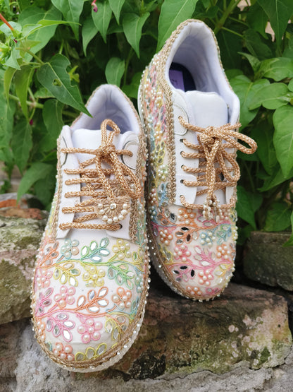 “Rainbow Bridal Sneakers with Mirror detailing– Floral Embroidery”