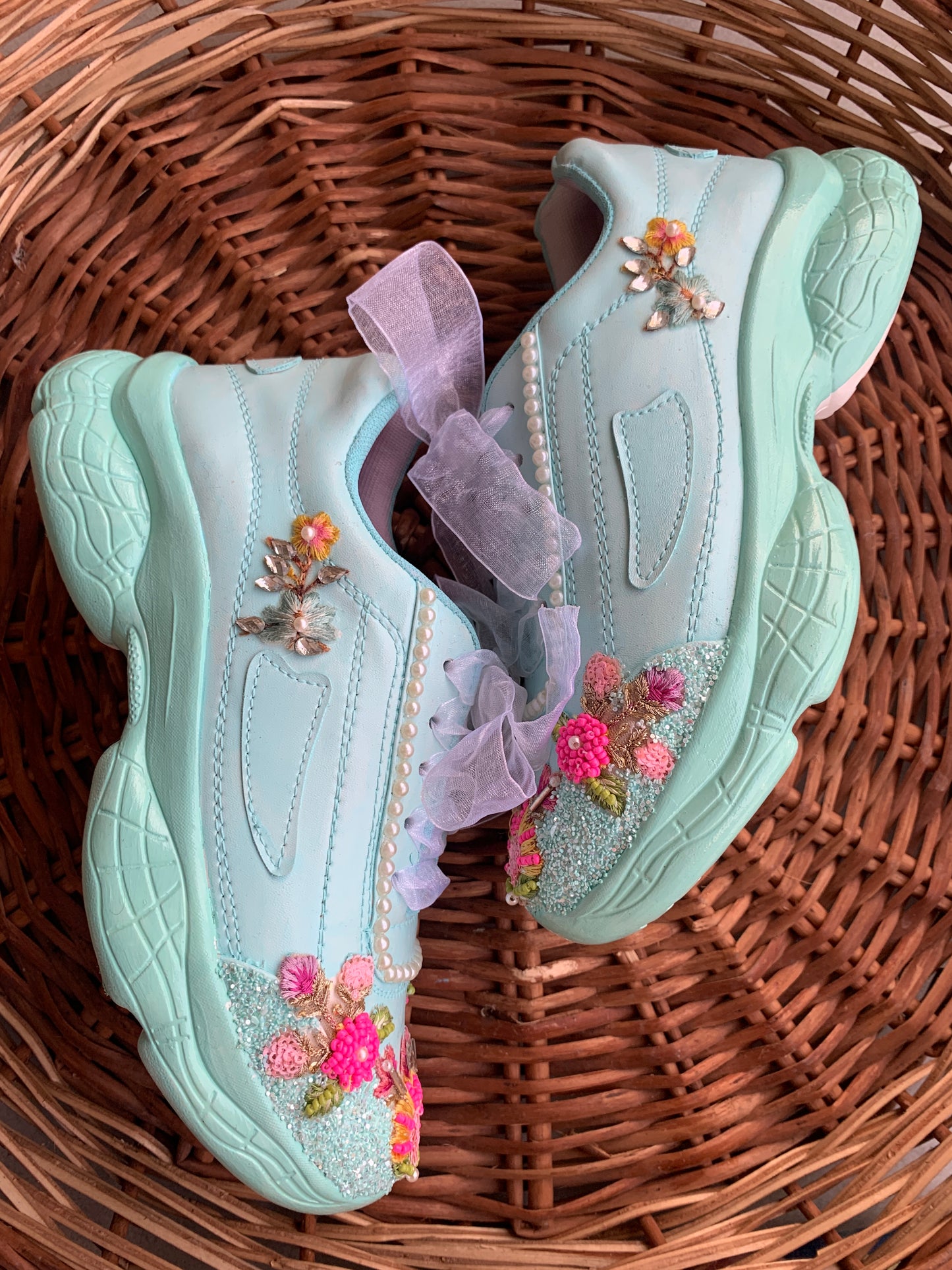 Funky N Trendy hand crafted powder blue theme bridal sneakers/ bridesmaid sneaker / powder blue sneakers/ pink floral theme sneakers / sea green shoes