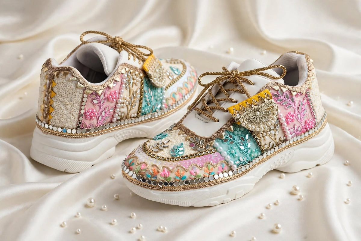 RANG RAAS - Multicolor Hand Embroidered Bridal Sneakers | Mirror Sequin Pearl Wedding Sneakers