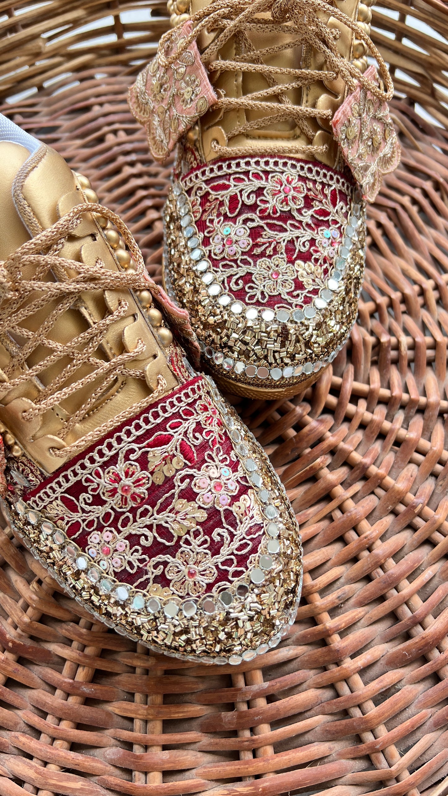 Funky N Trendy Maroon & Gold embroidery work bridal sneakers/ bridesmaid sneaker / golden sneakers/ Maroon sneakers / gold shoes