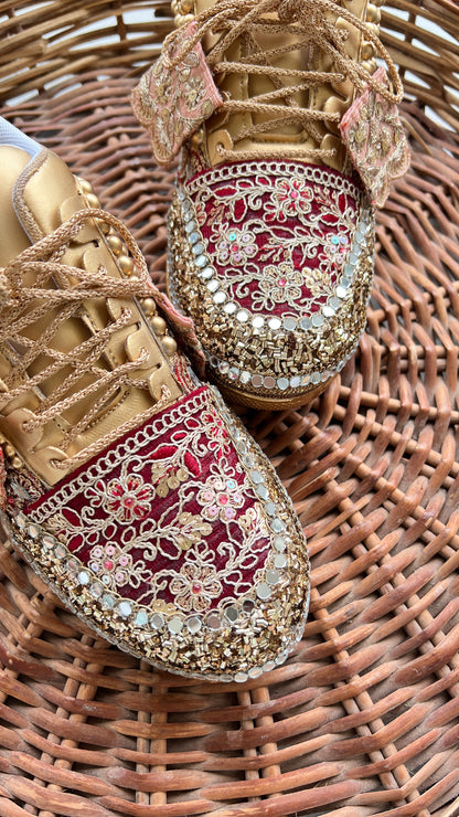 Funky N Trendy Maroon & Gold embroidery work bridal sneakers/ bridesmaid sneaker / golden sneakers/ Maroon sneakers / gold shoes