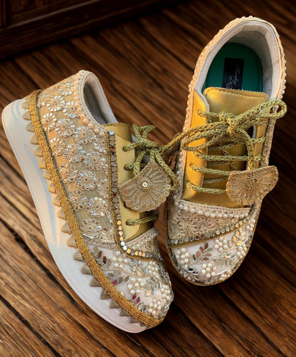 FUNKY N TRENDY gold mirror gottapatti sneakers for brides /bridesmaids / sneakers for bridesmaids/ handcrafted sneakers/ mirror sneakers / bridal sneakers / bridesmaid sneakers/ gold sneakers / golden shoes/ golden sneakers