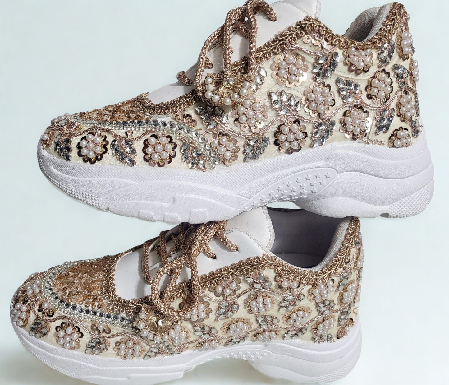 FUNKY N TRENDY rose gold/ tan peach/gold sneakers with pearl detailing for brides / bridesmaids/ ivory sneakers / beige sneakers / tan peach shoes/ rose gold sneakers / rose gold shoes