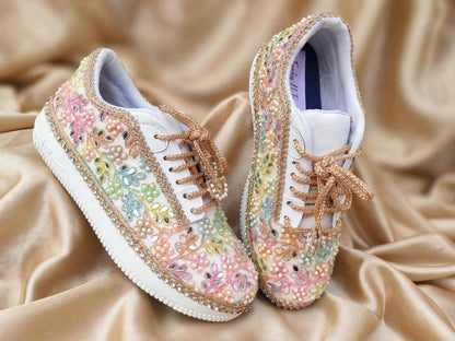 “Rainbow Bridal Sneakers with Mirror detailing– Floral Embroidery”