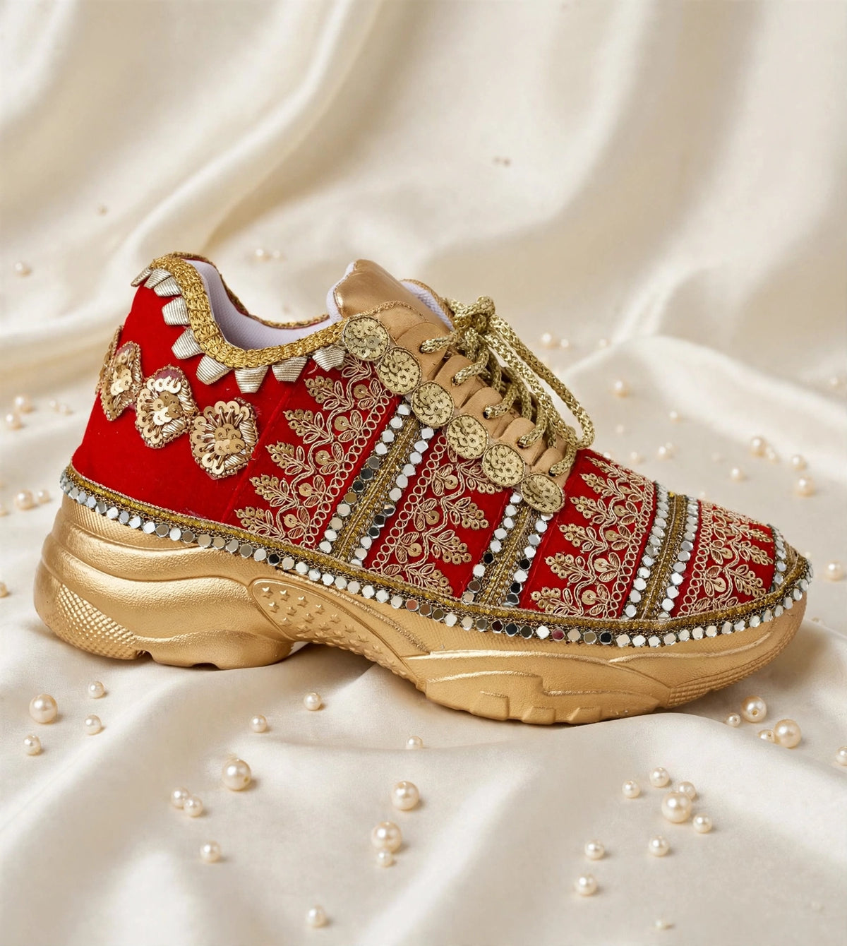 Maharani - Red Velvet Bridal Sneakers with Gold Chunky Sole
