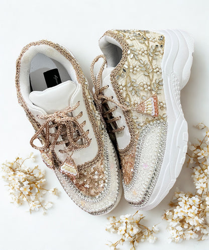 FUNKY N TRENDY rose gold/ tan peach/gold sneakers with pearl detailing for brides / bridesmaids/ ivory sneakers / beige sneakers / tan peach shoes/ rose gold sneakers / rose gold shoes