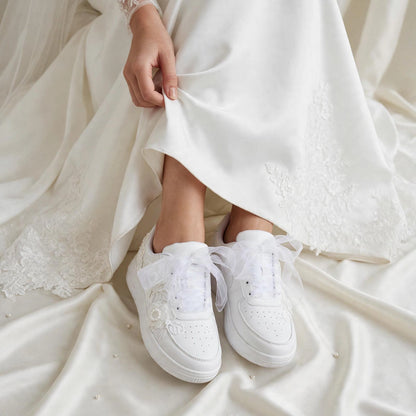 ELARA - Handcrafted White Floral Pearl Bridal Sneakers with Organza Ribbon Laces