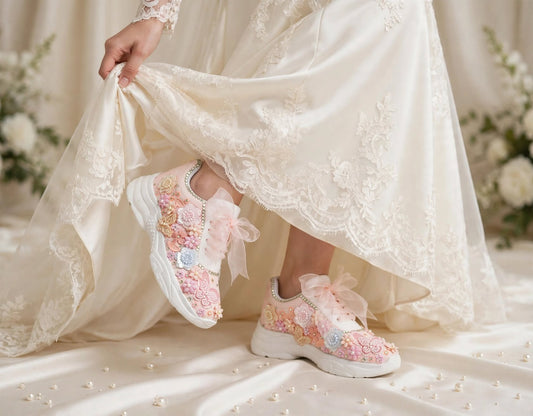 FUNKY N TRENDY peach/white/ blue floral butterfly theme sneakers with pearls detailing for brides / bridesmaids with custom couple name initials/ pink shoes / peach shoes