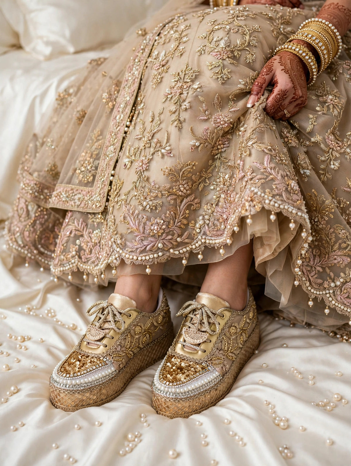 Golden Pearl Bridal Sneakers for Bride | Comfortable Wedding Shoes India | Funky N Trendy