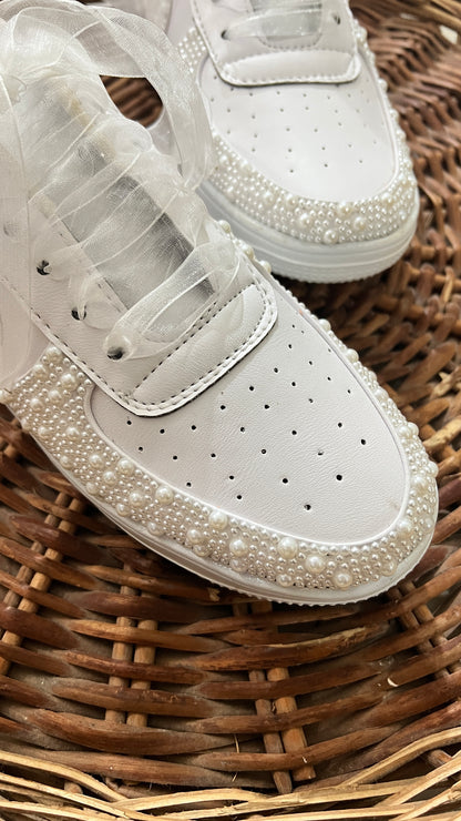 FUNKY N TRENDY “Dance‑all‑night pearl work sneakers” -Custom Name & Date Available
