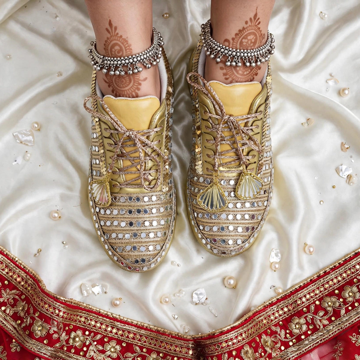 Golden Mirror – Bridal Sneakers with Dual Latkans | Gold Chunky Sneakers for Sangeet