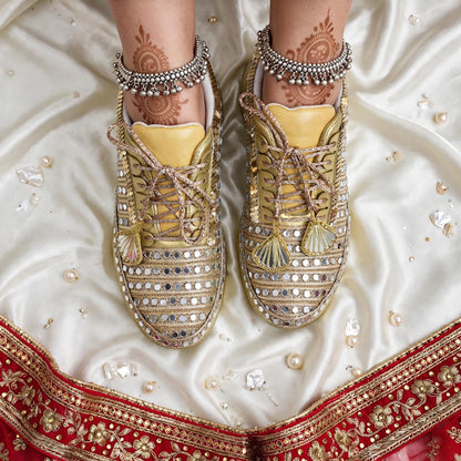Golden Mirror – Bridal Sneakers with Dual Latkans | Gold Chunky Sneakers for Sangeet