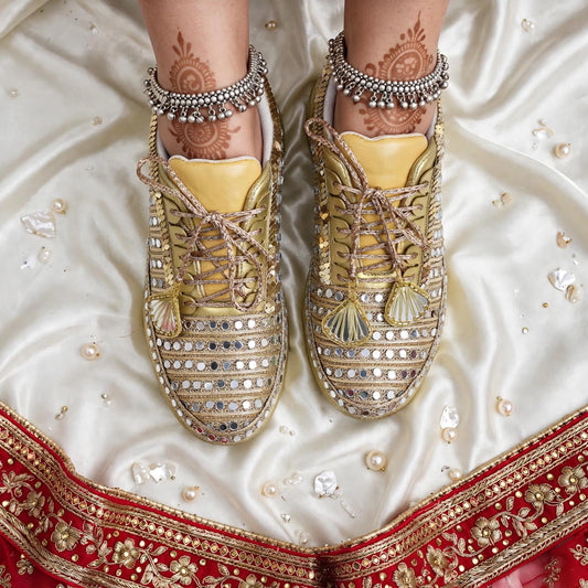 Golden Mirror – Bridal Sneakers with Dual Latkans | Gold Chunky Sneakers for Sangeet