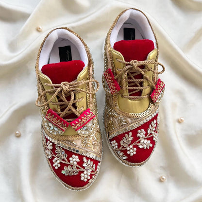 FUNKY N TRENDY red and gold sneakers for brides /bridesmaids / sneakers for bridesmaids/ handcrafted sneakers/ gold sneakers / bridal sneakers / bridesmaid sneakers/ gold sneakers / red shoes/ megenta shoes/ hot pink sneakers