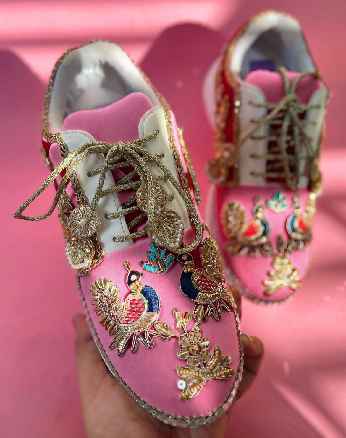 “Peacock Pink Bridal Sneakers – Floral Embroidery”