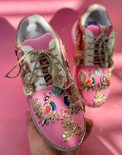 “Peacock Pink Bridal Sneakers – Floral Embroidery”