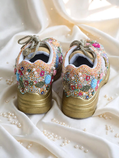 FUNKY N TRENDY fully hand crafted floral work with beads rhinestones cutdana sneakers / flower shoes / gold sneakers