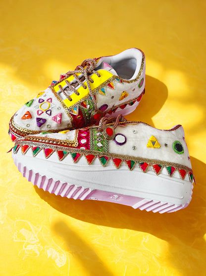 FUNKY N TRENDY “Yellow neon mirror work Handcrafted Sneakers – Mirror Magic”