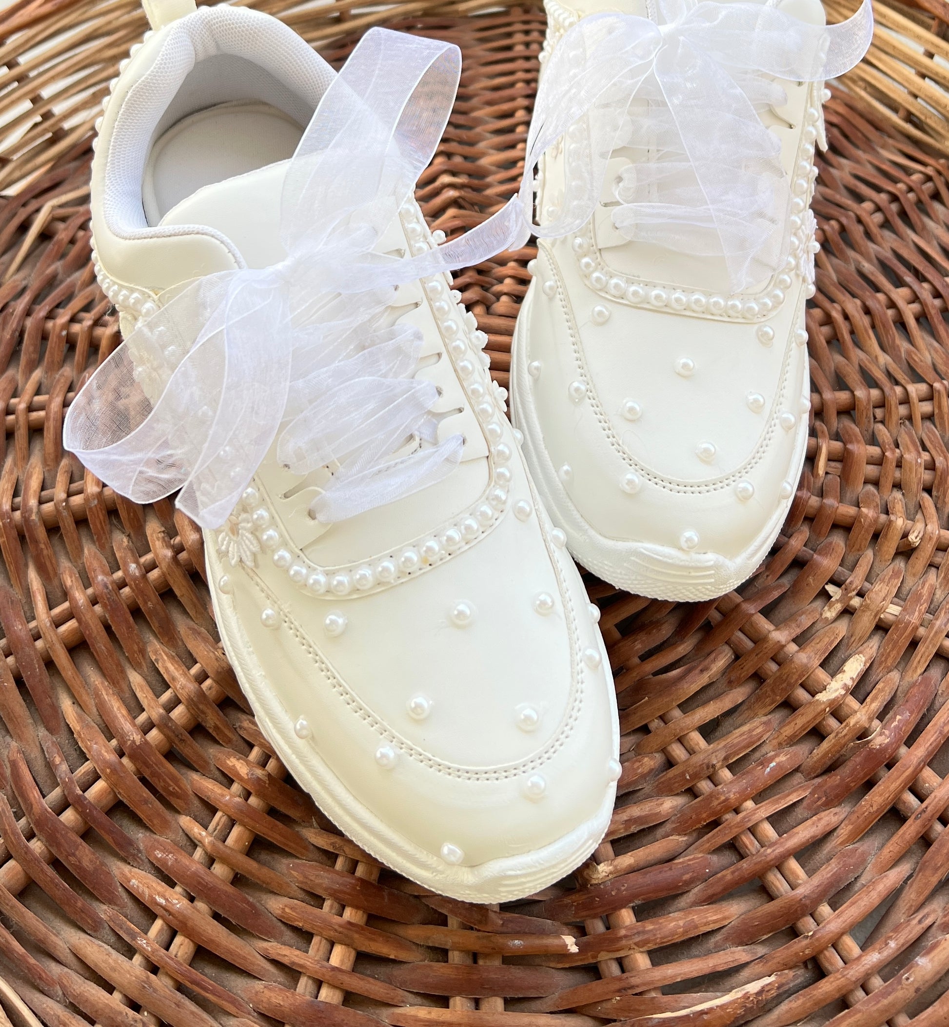 Funky N Trendy white pearl work sneakers with floral detailing bridal sneakers/ sneaker for bride white sneakers/ pearl sneakers for bride