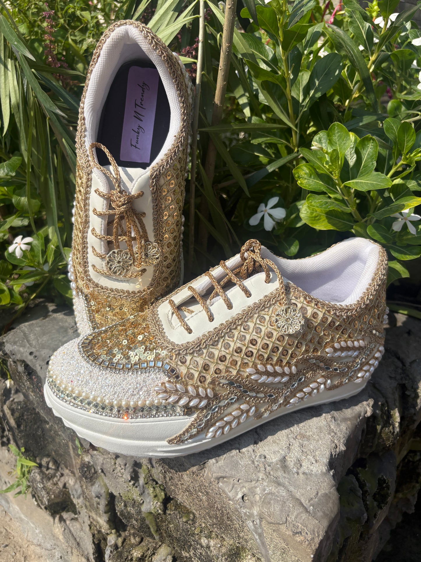 Funky N Trendy dull gold embroidered sequine work sneakers with mirror detailing / bridal sneakers/ sneaker for bride / white sneakers/ pearl sneakers for bride