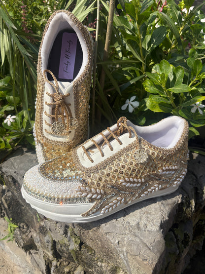 Funky N Trendy dull gold embroidered sequine work sneakers with mirror detailing / bridal sneakers/ sneaker for bride / white sneakers/ pearl sneakers for bride