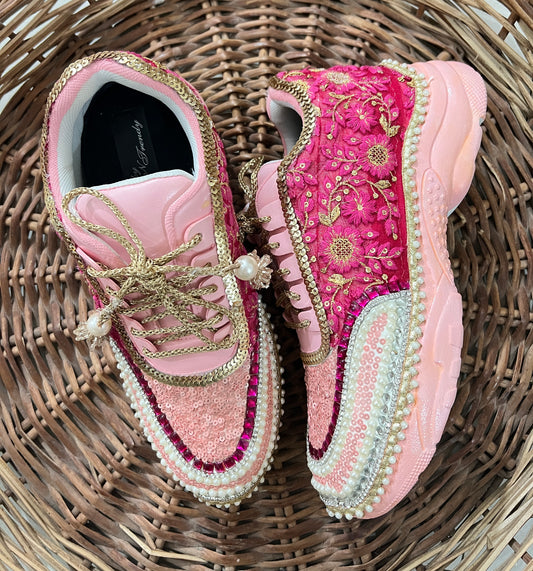 FUNKY N TRENDY peach/pink / pink embroidery sneakers with pearls detailing for brides / bridesmaids with custom couple name initials/ pink shoes / peach shoes/ rani color sneakers
