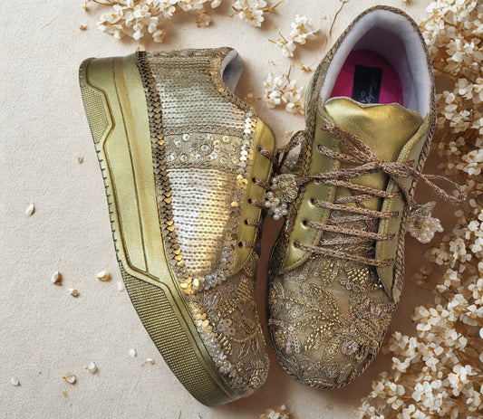 FUNKY N TRENDY hand embroidered sneakers for brides /bridesmaids / sneakers for bridesmaids/ handcrafted sneakers/ sequine sneakers / bridal sneakers / bridesmaid sneakers/ gold sneakers /embroidered shoes/ zardozi sneakers