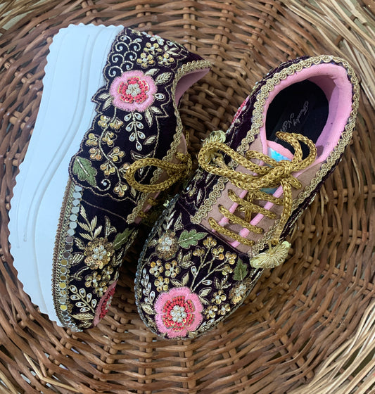 FUNKY N TRENDY maroon wine intricate hand embroidered sneakers for brides /bridesmaids / sneakers for bridesmaids/ handcrafted sneakers/ sequine sneakers / bridal sneakers / bridesmaid sneakers/ maroon sneakers /embroidered shoes/ zardozi sneakers