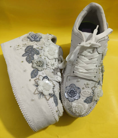Customized White and Gray garden Bridal Sneakers with Name initials / wedding date– Wedding Shoes for Bride/ white sneakers
