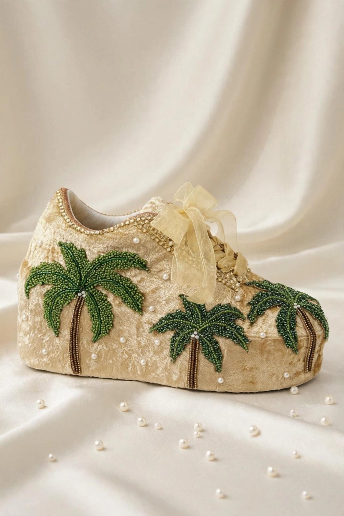 FUNKY N TRENDY Hand embroidered Tree theme sneakers - wedge sneakers heeled sneakers/ gold sneakers