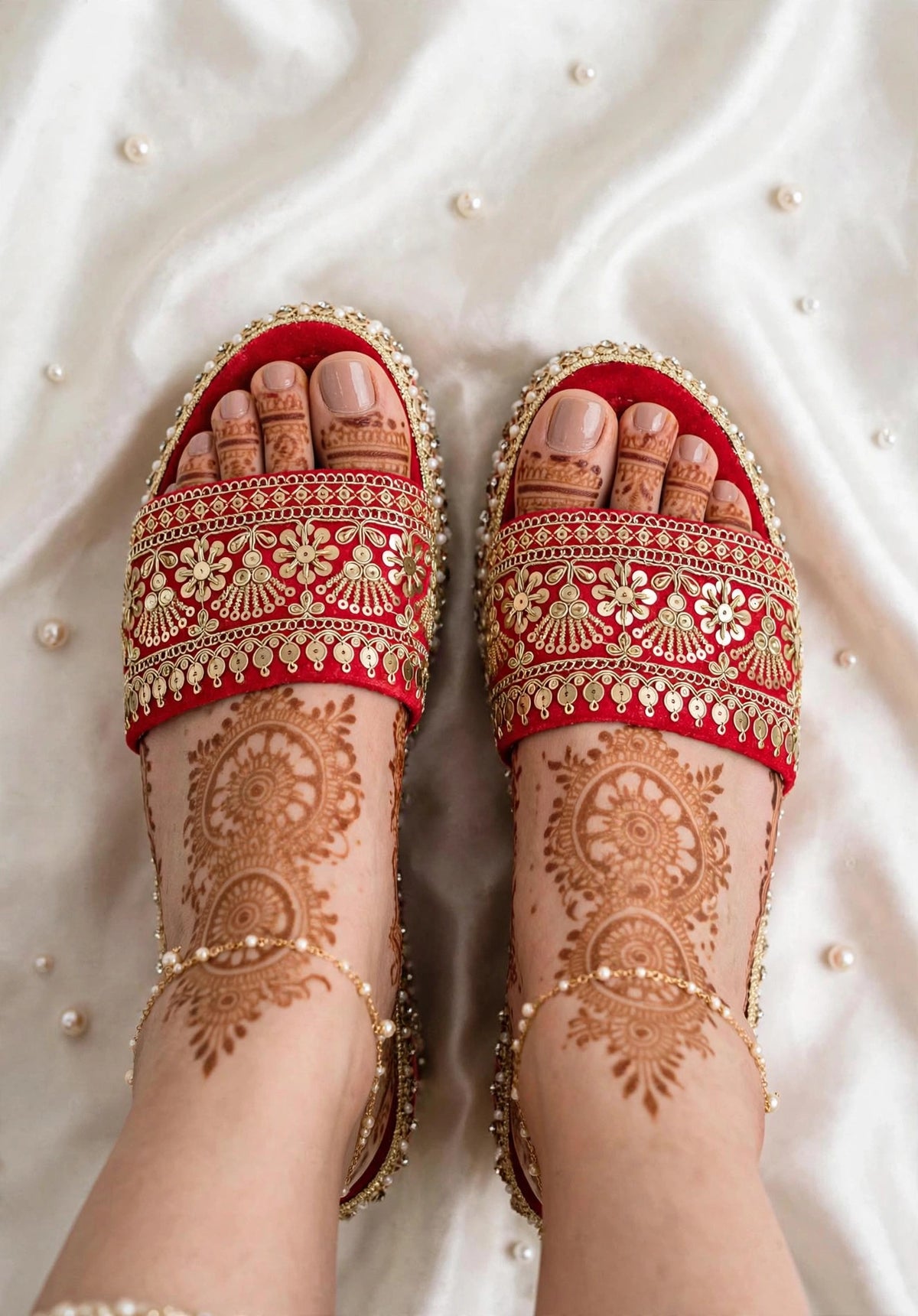 Handcrafted Bridal Embroidered Wedges - Red / Gold