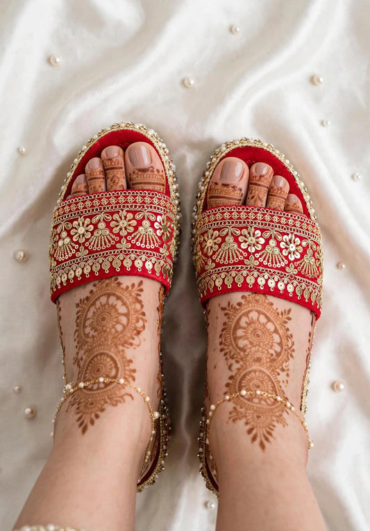 Handcrafted Bridal Embroidered Wedges - Red / Gold