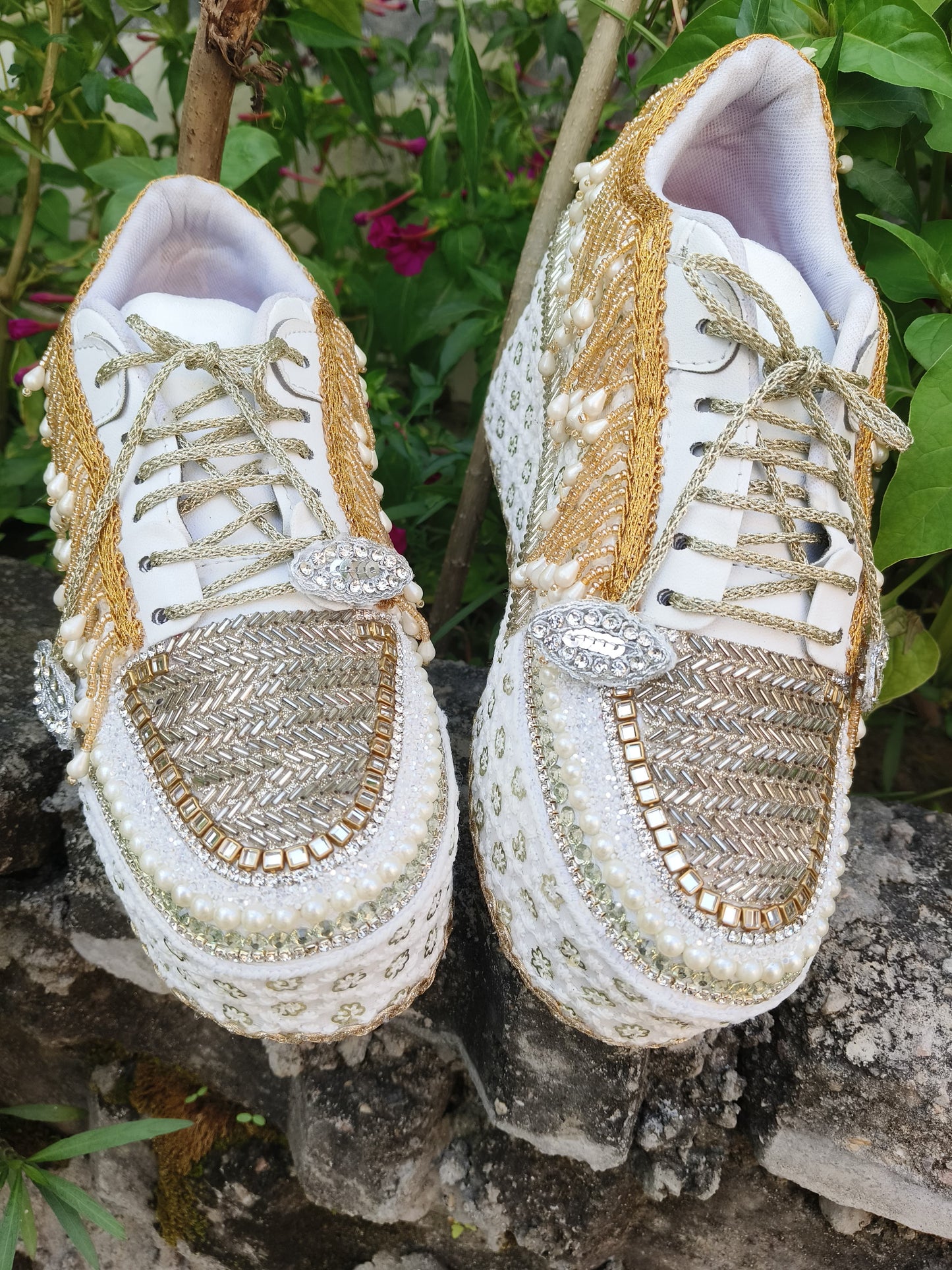 FUNKY N TRENDY Gold silver combination bridal sneakers - wedge sneakers heeled sneakers