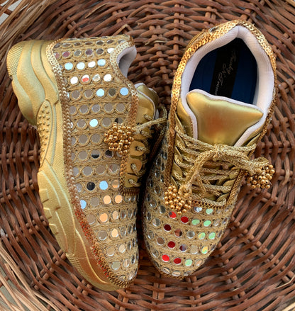 FUNKY N TRENDY gold mirror heeled sneakers for brides /bridesmaids / sneakers for bridesmaids/ handcrafted sneakers/ mirror sneakers / bridal sneakers / bridesmaid sneakers/ gold sneakers / mirror shoes