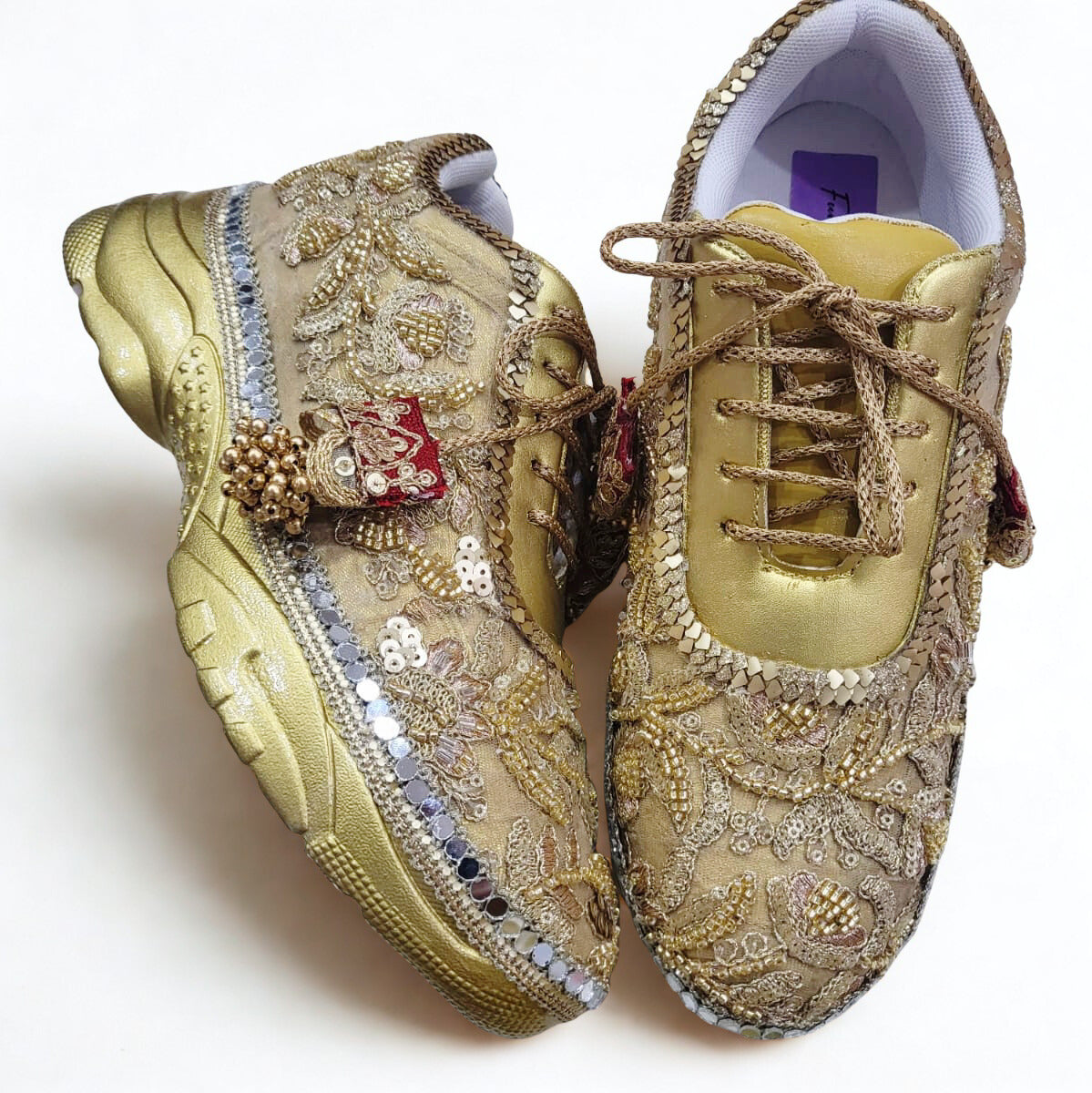 Funky N Trendy hand crafted golden bridal sneakers bridesmaid sneakers/ gold sneakers / golden sneakers / mirror sneakers/hand embroidered sneakers