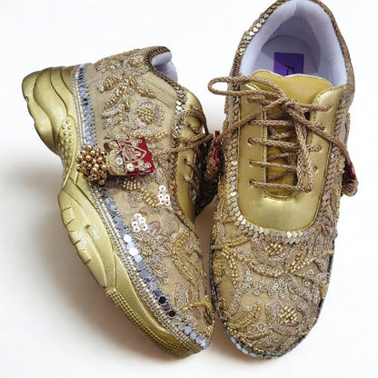 Funky N Trendy hand crafted golden bridal sneakers bridesmaid sneakers/ gold sneakers / golden sneakers / mirror sneakers/hand embroidered sneakers