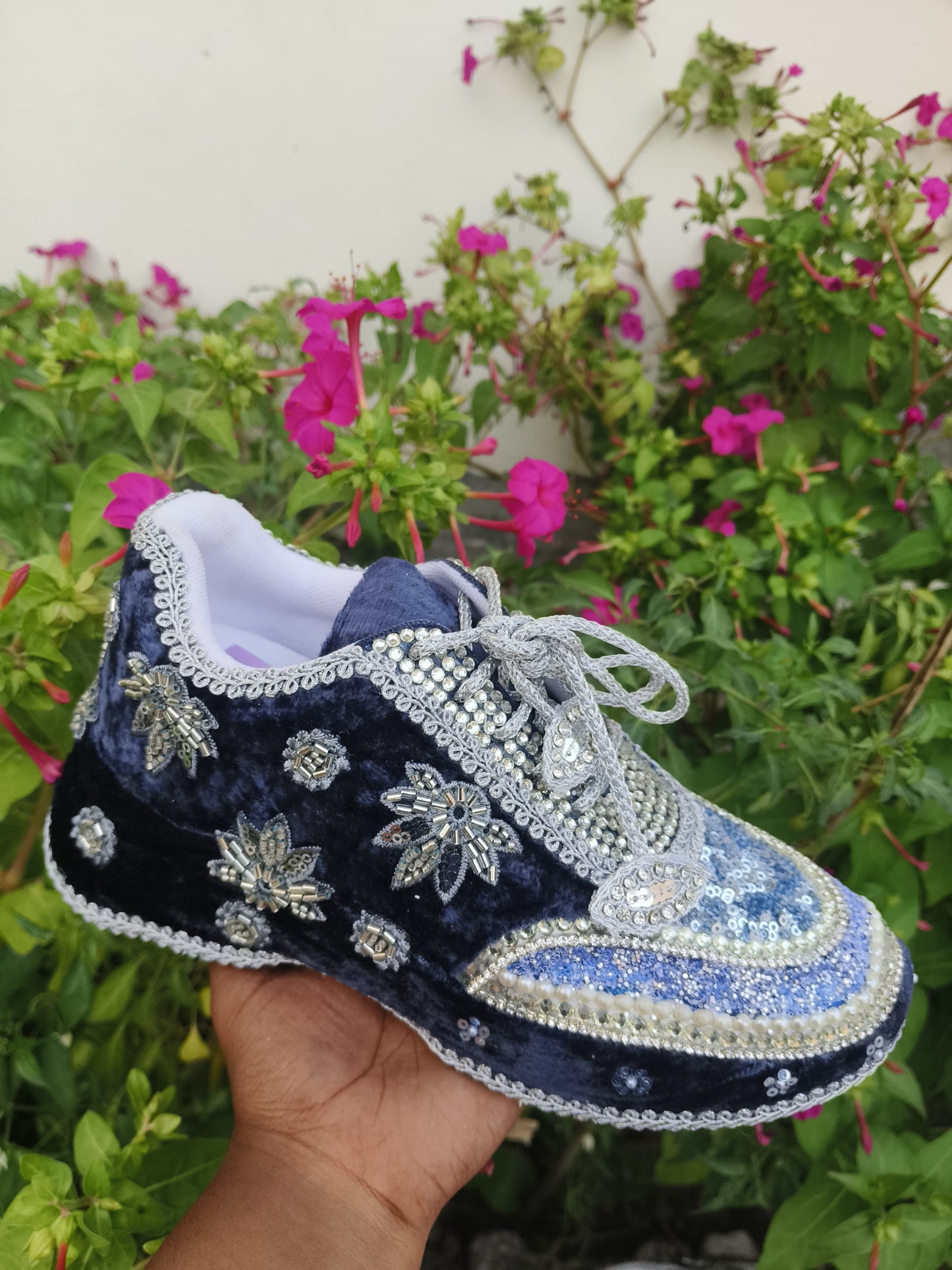 Midnight Blue Velvet Bridal Sneakers with Silver Cutdana & Crystal Embellishments
