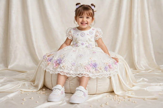 Funky N Trendy white floral sneakers/kids sneakers/ fliral shoes / kids shoes/ white sneakers / white pearl shoes for kids/handmade sneakers for kids