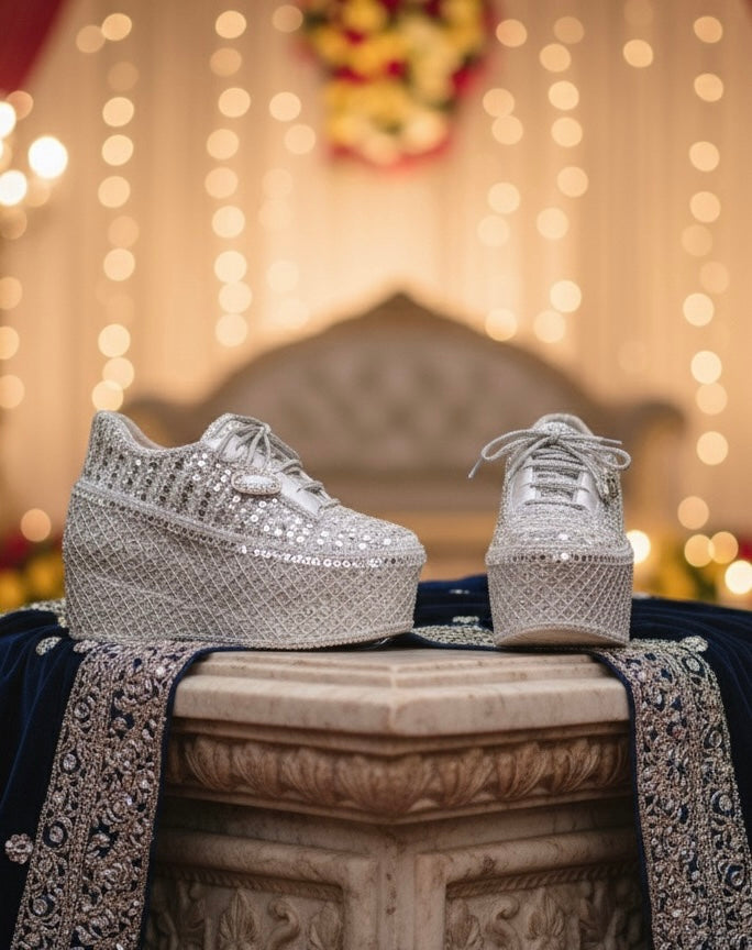 FUNKY N TRENDY Silver Mirror work sneakers - wedge sneakers heeled sneakers/ silver sneakers