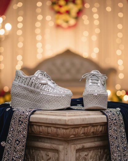 FUNKY N TRENDY Silver Mirror work sneakers - wedge sneakers heeled sneakers/ silver sneakers