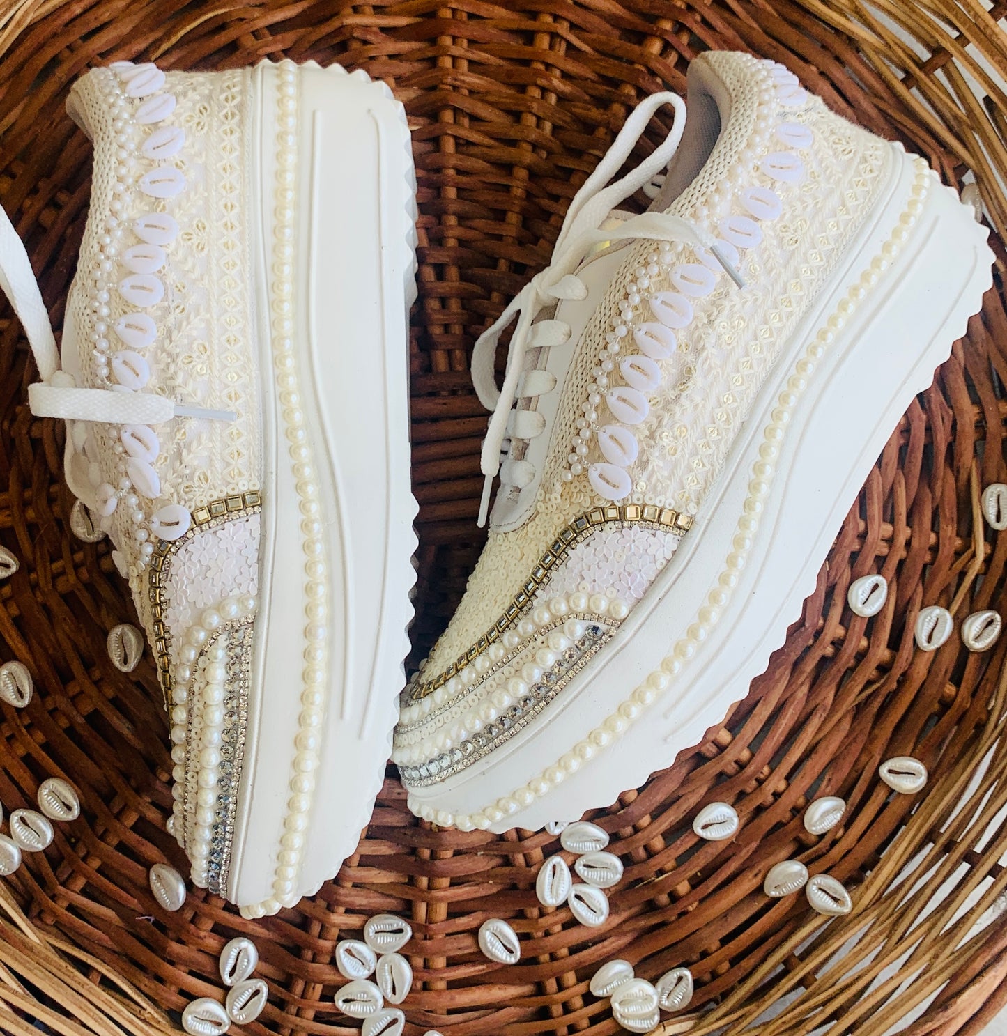 FUNKY N TRENDY ivory minimalistic sneakers with pearl detailing for brides /bridesmaids / sneakers for bridesmaids/ handcrafted sneakers/ sequine sneakers / bridal sneakers / bridesmaid sneakers/ ivory sneakers / minimal shoes