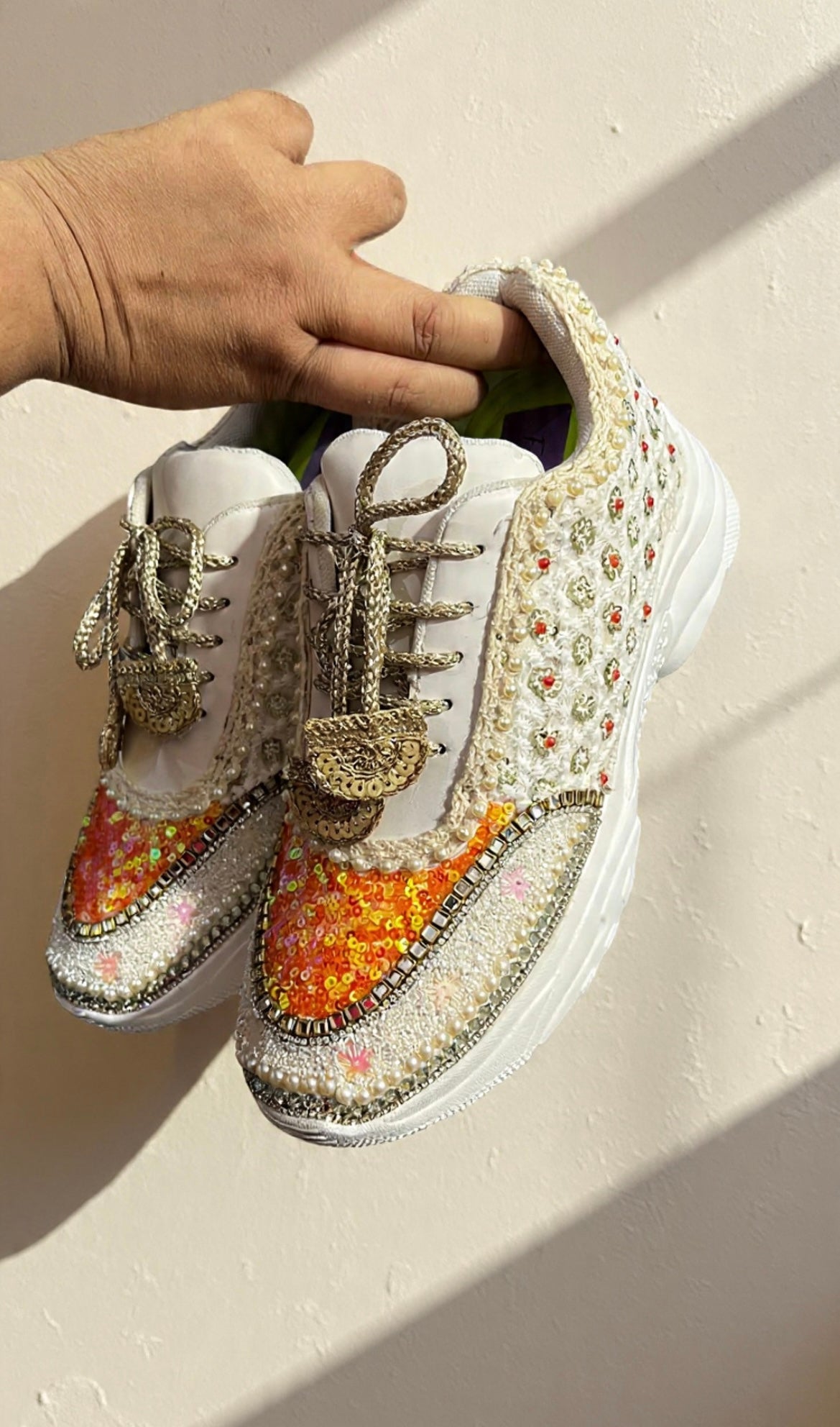 Funky N Trendy ivory and orange embroidery work bridal sneakers/ bridesmaid sneaker / golden sneakers/ orange sneakers / sequine work sneakers/ orange shoes/ silver golden sneakers