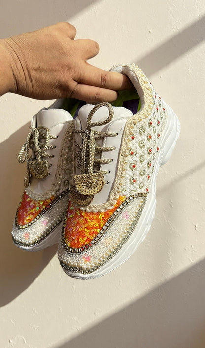 Funky N Trendy ivory and orange embroidery work bridal sneakers/ bridesmaid sneaker / golden sneakers/ orange sneakers / sequine work sneakers/ orange shoes/ silver golden sneakers