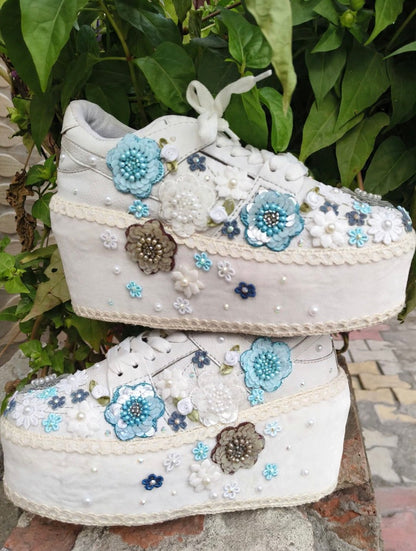 FUNKY N TRENDY Hand embroidered floral theme sneakers - wedge sneakers heeled sneakers/ white sneakers