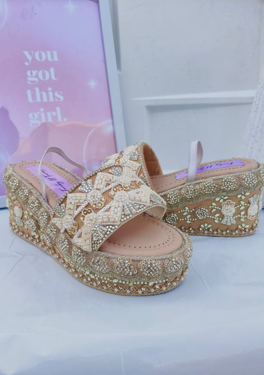 Handcrafted Bridal Embroidered Wedges - Beige / ivory