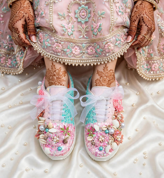 FUNKY N TRENDY floral theme hand work sneakers for brides / bridesmaids/ shells sneakers / pearls sneakers / blue and pink shoes / pink and blue sneakers